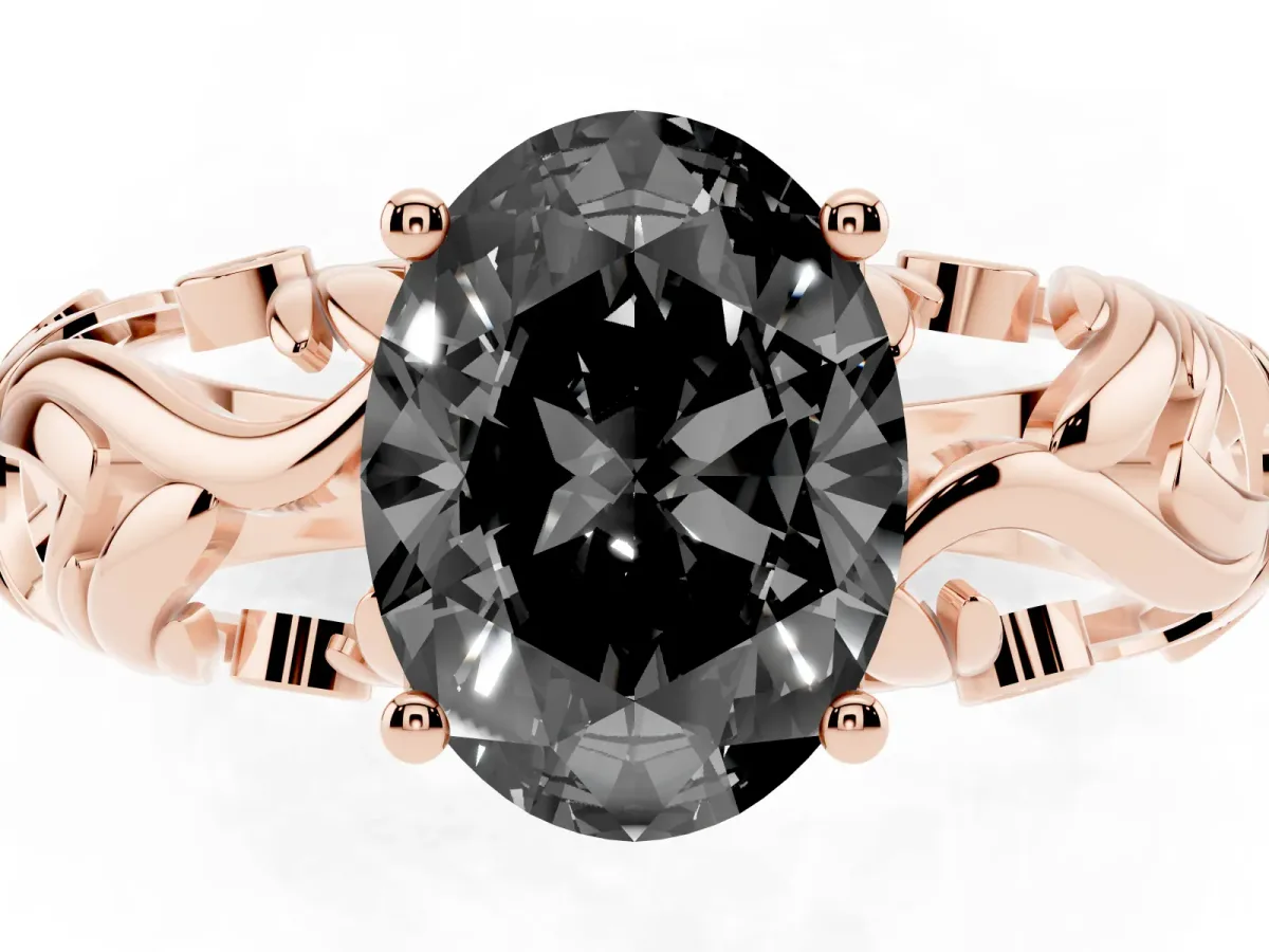Fancy Black Oval Cut Solitaire Diamond Leaf-Inspired Vine Band Ring with Prong Setting Rose gold