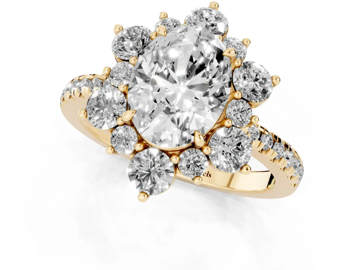 Oval Cut Diamond Floral Halo Ring with Round Pavé Band and Prong Setting Yellow gold