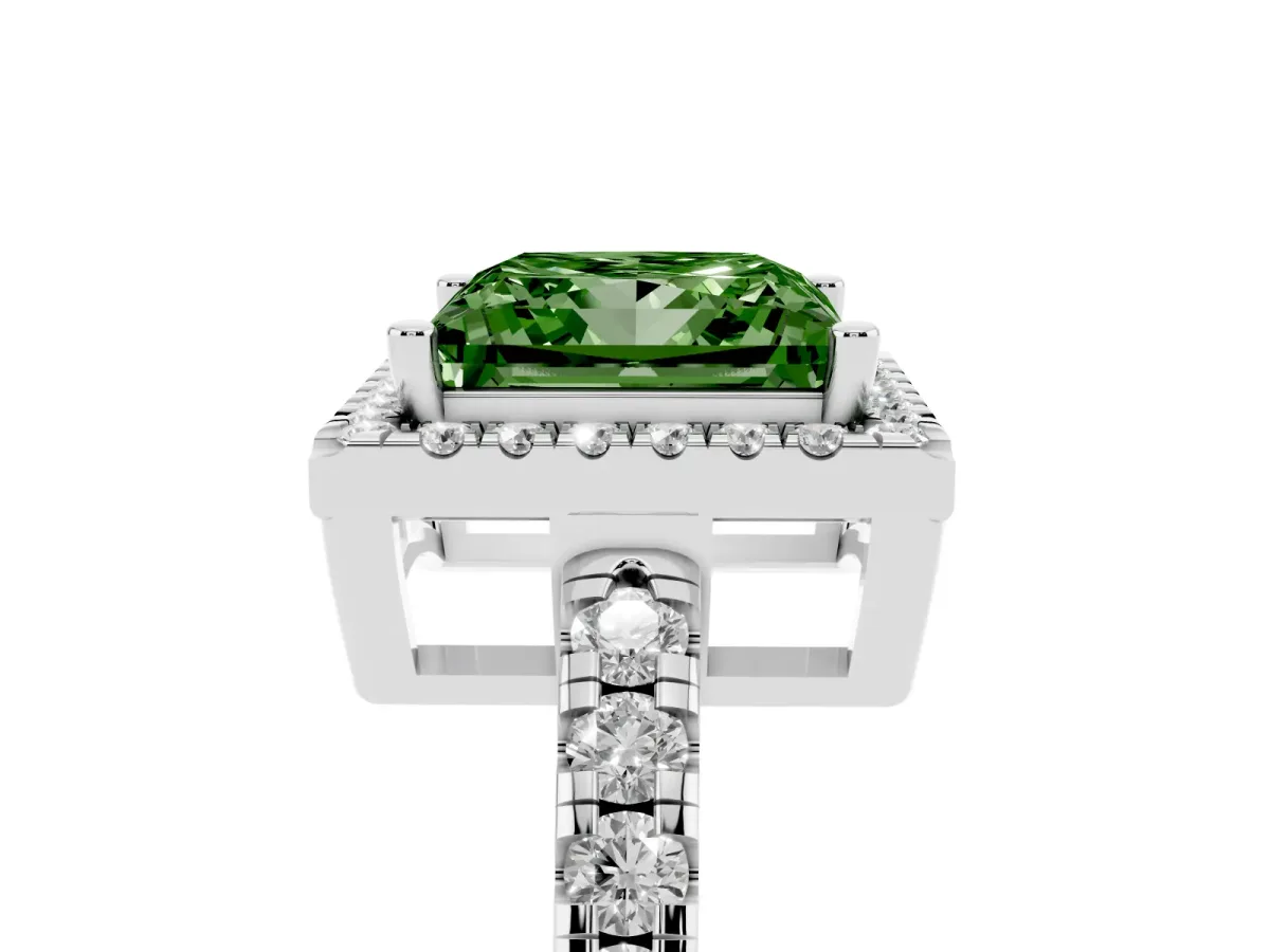 Fancy Green Princess Cut Diamond Halo Ring with Pavé Band and Four-Prong Setting Platinum