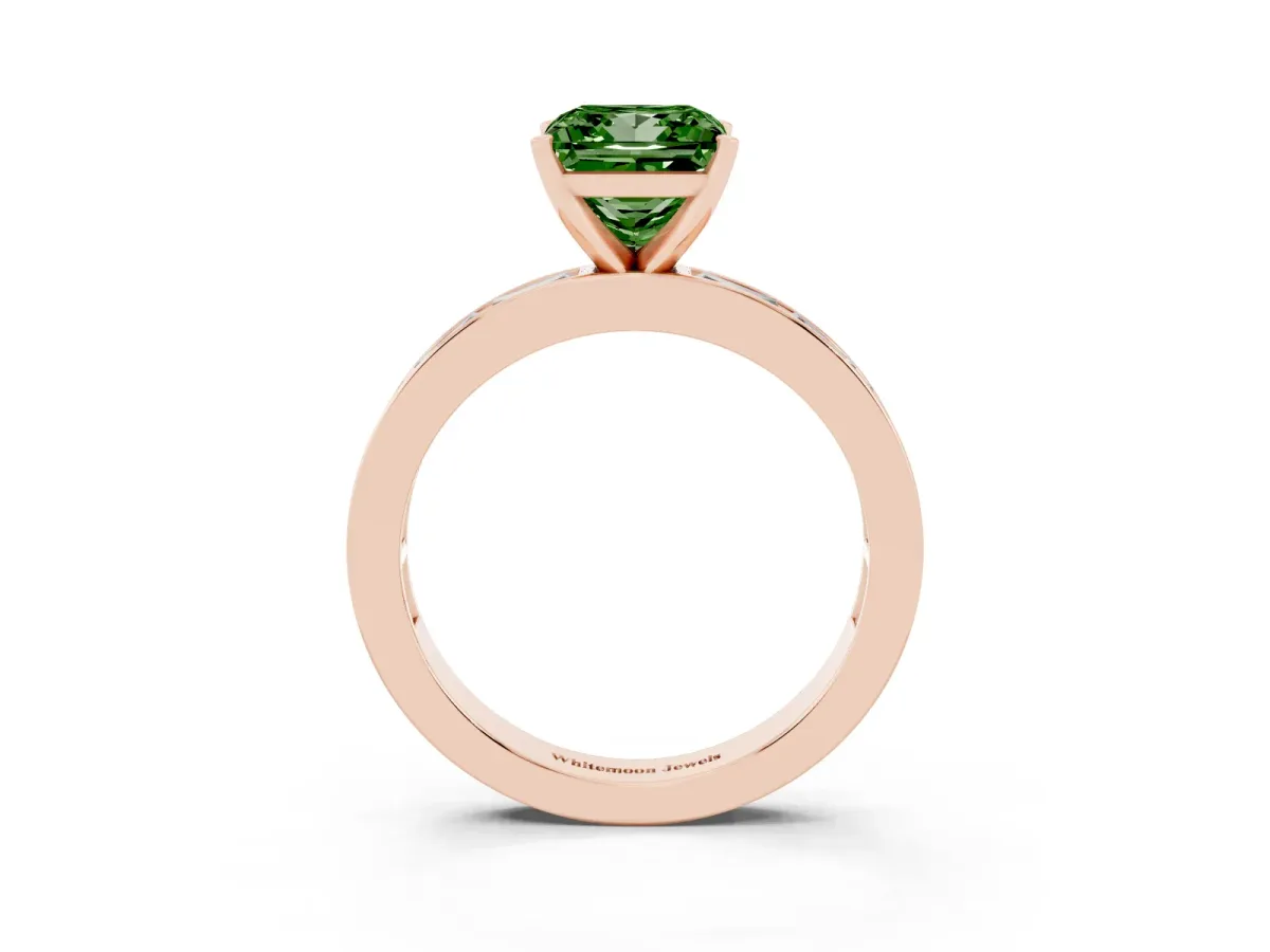 Fancy Green Princess Cut Solitaire Diamond Ring with Channel-Set Baguette Band and Four-Prong Setting Rose gold