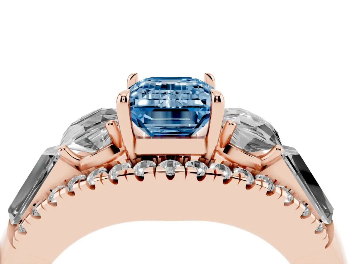 Fancy Blue Three-Stone Emerald Cut Diamond Engagement Ring with Pave Band and Prong Setting Rose gold
