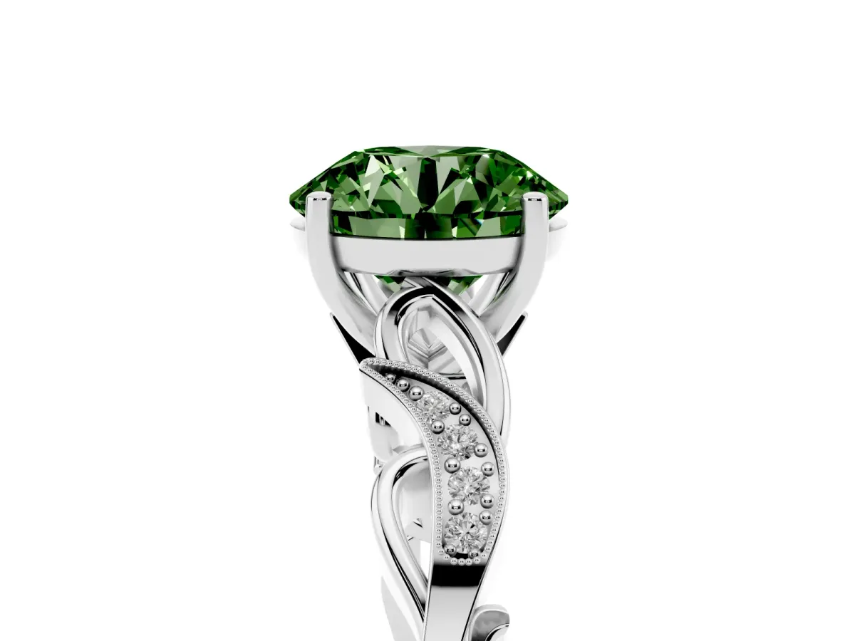 Fancy Green Round Cut Solitaire Vine Band with Milgrain Prong Setting Silver