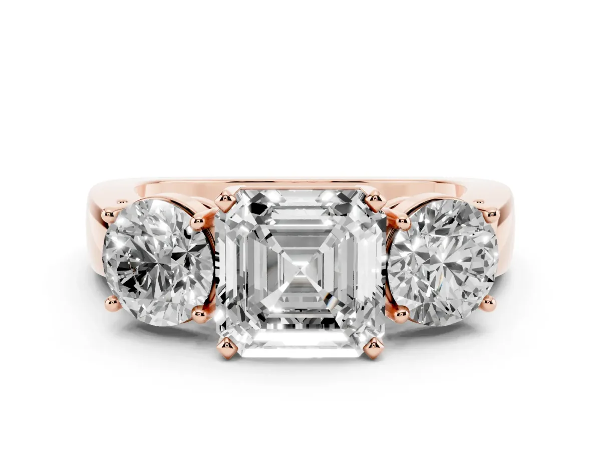 Three-Stone Asscher Cut Diamond Ring with Round Side Stones, Classic Band, and Four-Prong Setting Rose gold