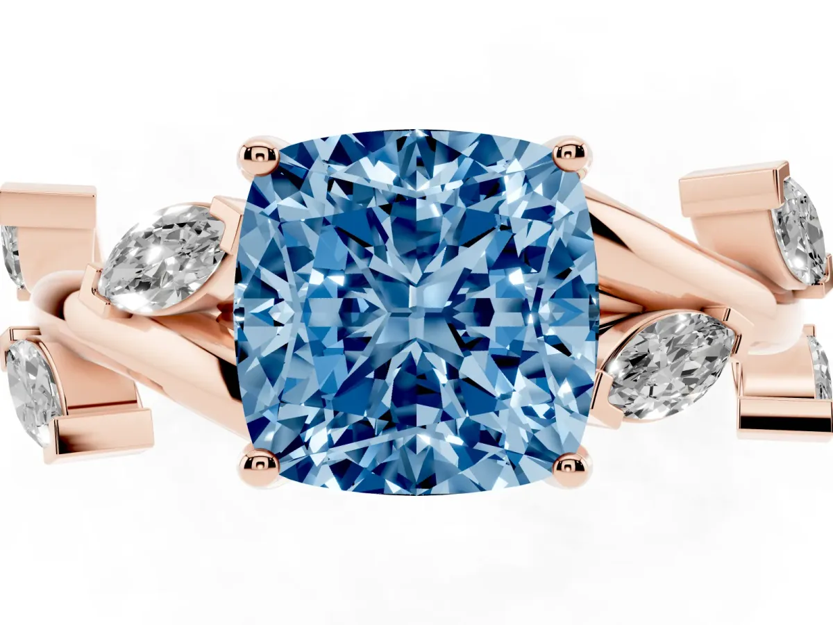 Fancy Blue Cushion Cut Solitaire Twisted Band Marquise Accent Prong Setting Ring Rose gold