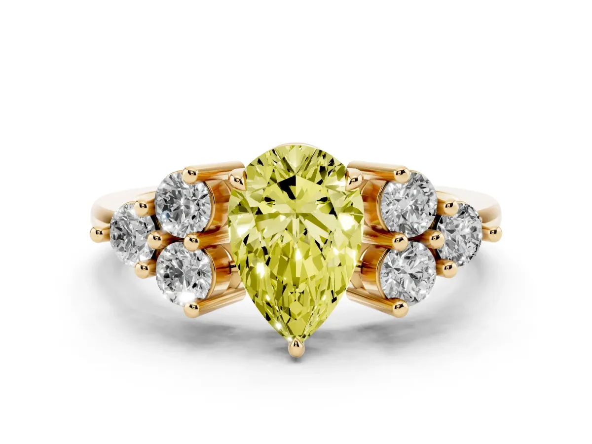 Fancy Yellow Pear Cut Brilliant Diamond Cluster Accent Solitaire Ring with Prong Setting Yellow gold
