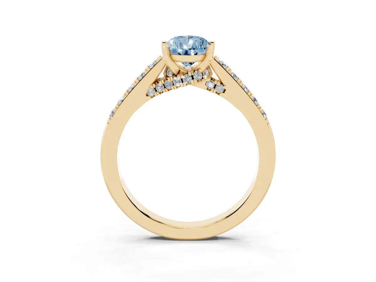 Fancy Blue Pear Cut Diamond Solitaire Ring with Crossover Gallery and Round Pavé Band Yellow gold