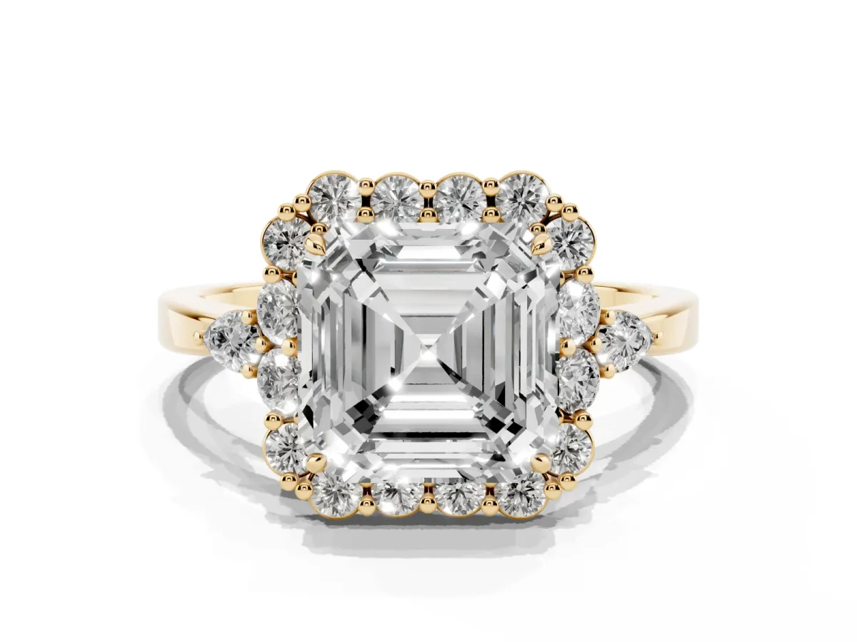 Asscher Cut Diamond Halo Ring with Pear Side Stones and Prong Setting Yellow gold