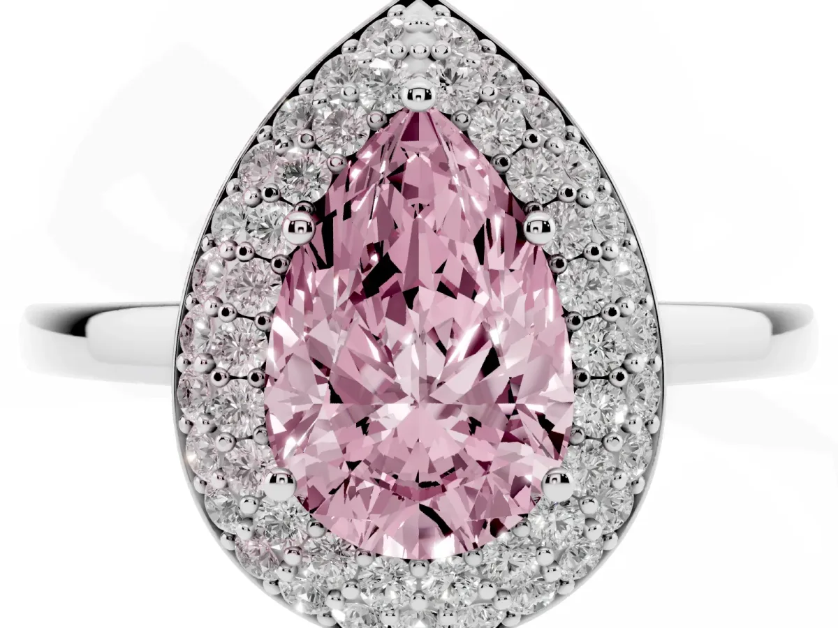 Fancy Pink Pear Cut Halo Diamond Engagement Ring with Solitaire Band and Four-Prong Setting White gold