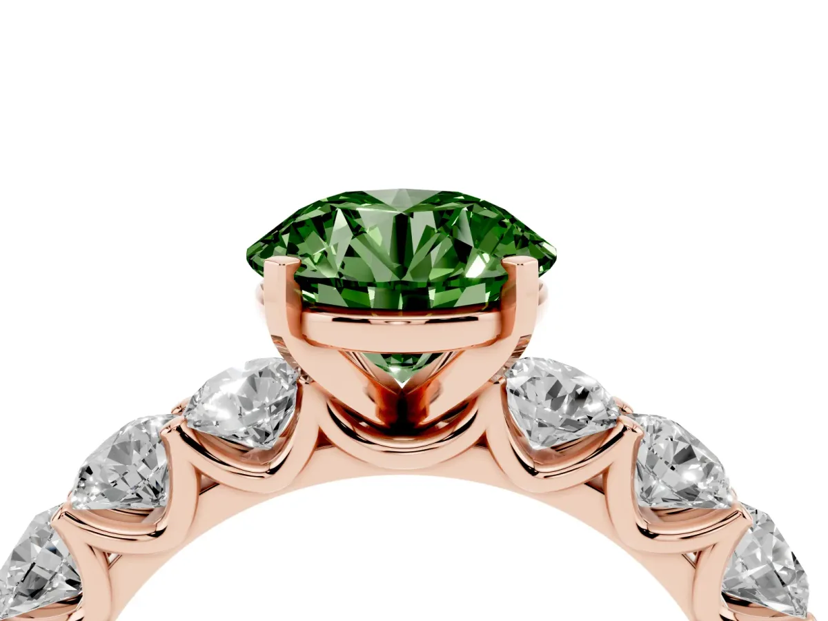 Fancy Green Round Cut Diamond Prong Setting with Side Stones on a Pave Band Rose gold