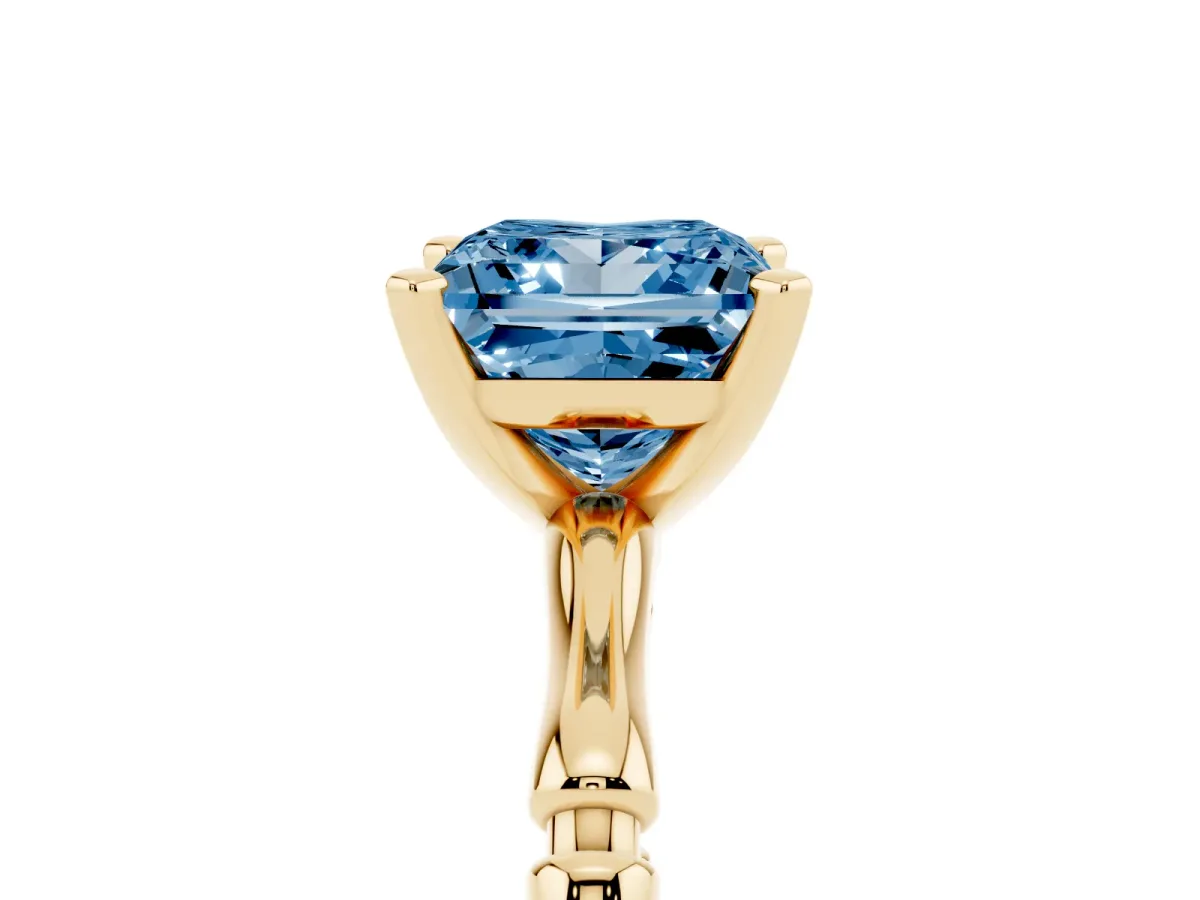 Fancy Blue Princess Cut Solitaire Diamond Ring with Bamboo Band and Four-Prong Setting Yellow gold