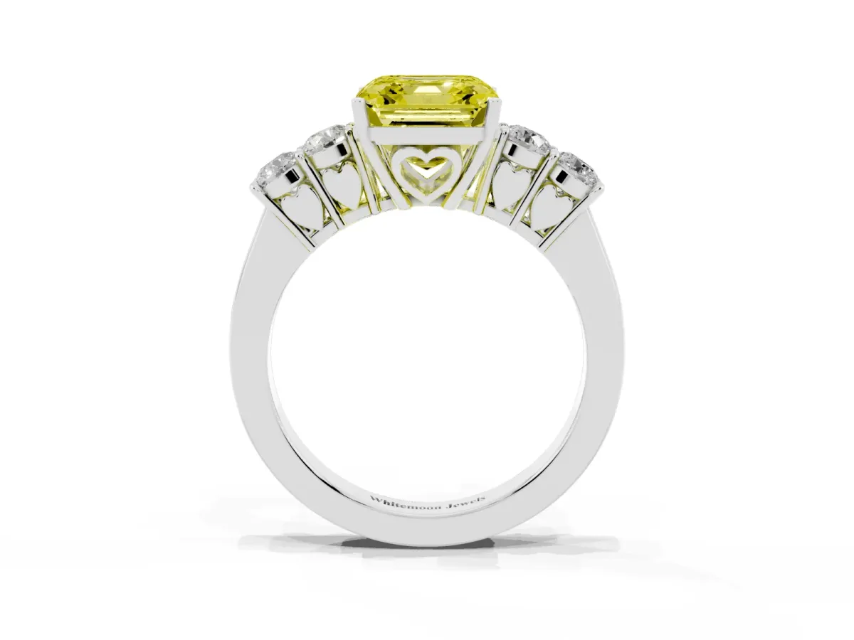 Fancy Yellow Asscher Cut Cut Diamond Five-Stone Prong Set White Gold Ring Platinum