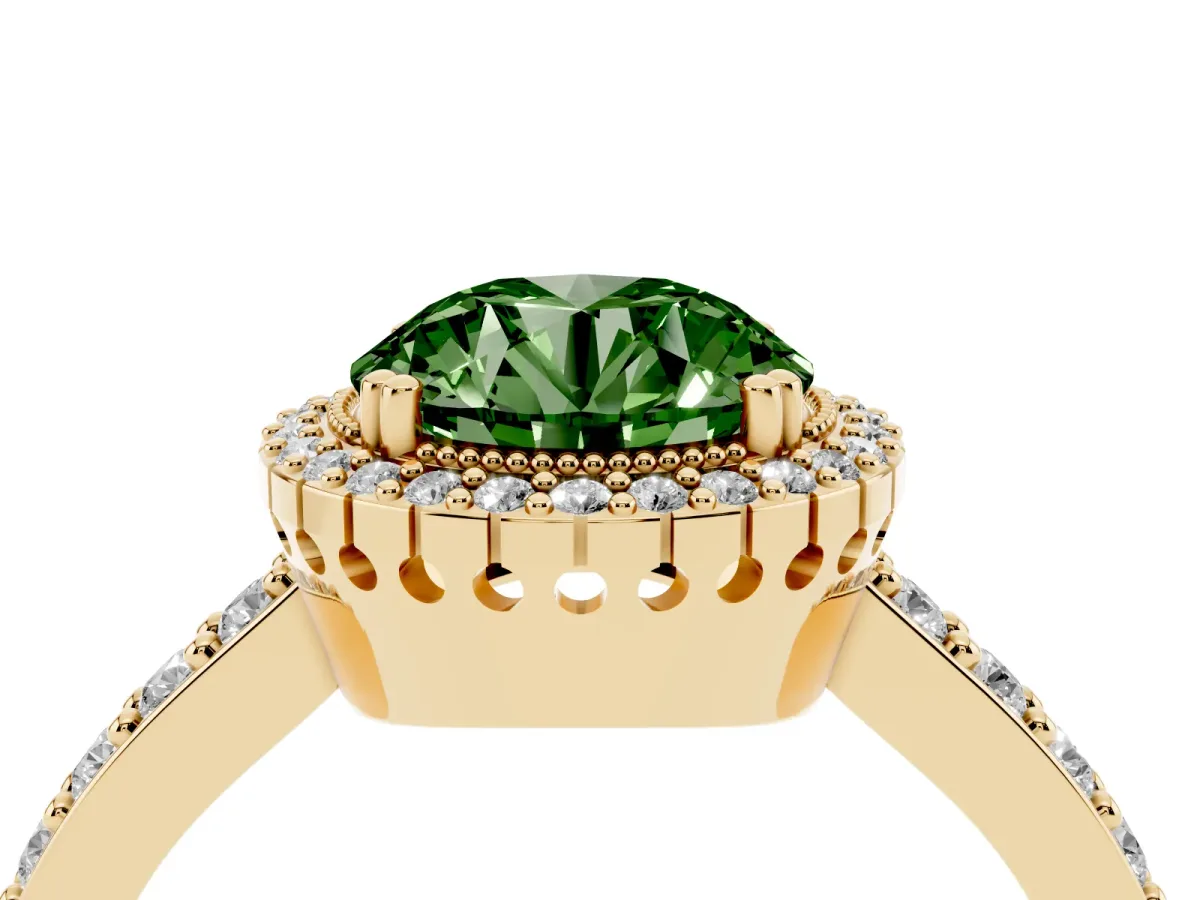 Fancy Green Round Cut Cut Diamond Halo Engagement Ring with Milgrain Detail and Pavé Band Yellow gold