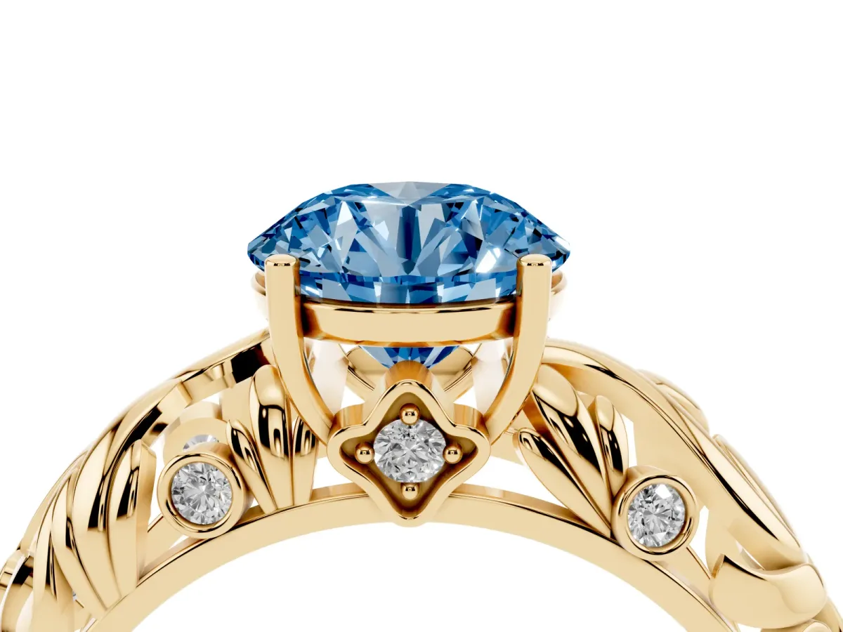 Fancy Blue Round Cut Solitaire Diamond Leaf-Inspired Vine Band Ring with Prong Setting Yellow gold