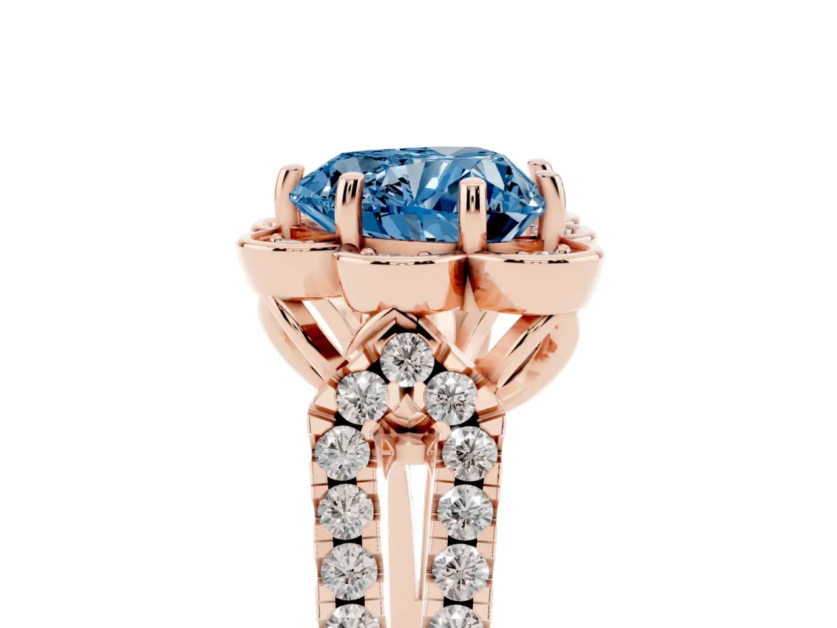 Fancy Blue Heart Cut Halo Diamond Floral Split Shank Engagement Ring Rose gold