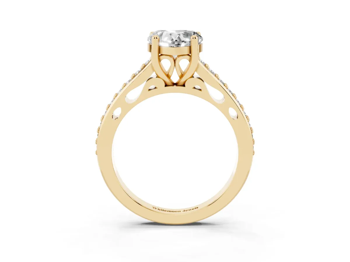 Heart Cut Solitaire Prong Set Diamond Engagement Ring with Pave Band Yellow gold