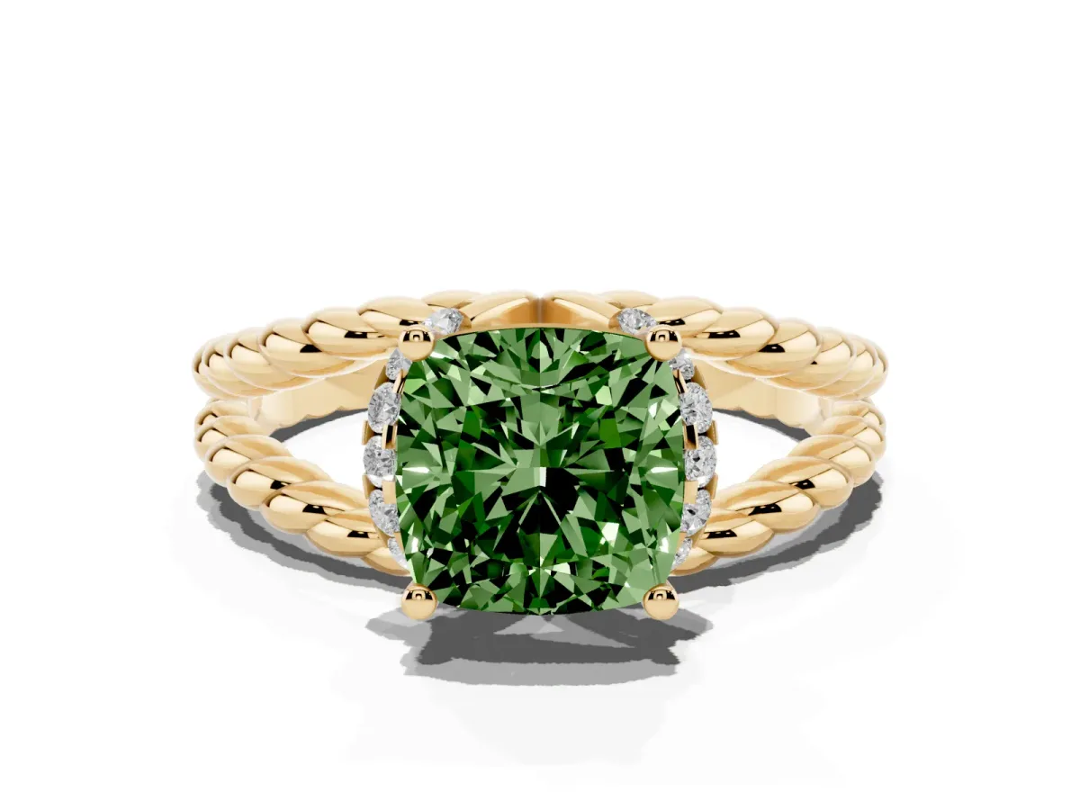 Fancy Green Cushion Cut Halo Twisted Band Four-Prong Ring Yellow gold