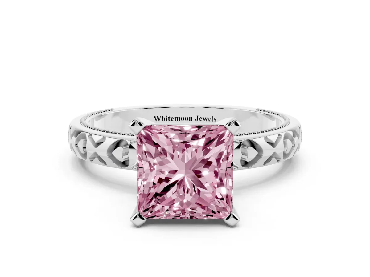 Fancy Pink Princess Cut Solitaire Diamond Engagement Ring with XO Engraved Band and Four-Prong Setting Silver