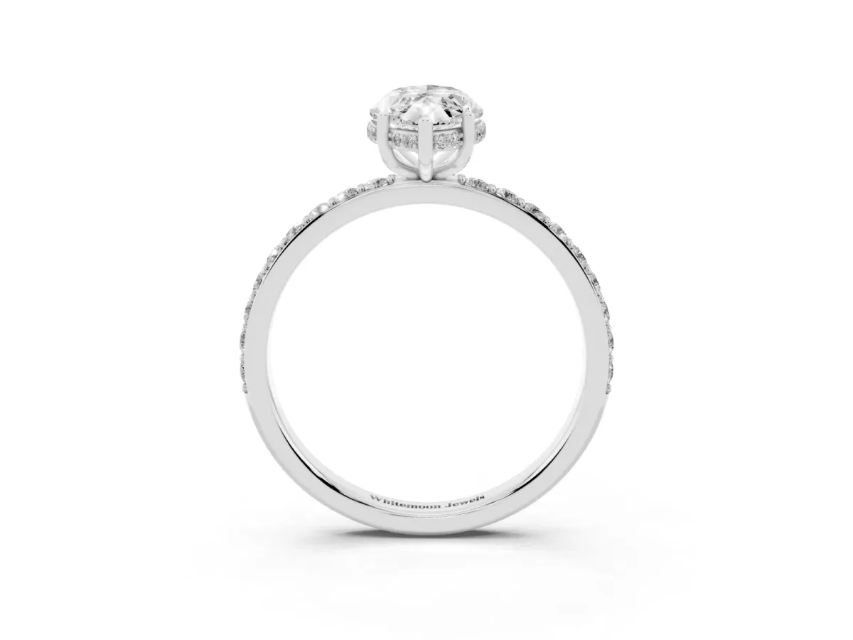 Marquise Cut Diamond Solitaire Ring with Pavé Band and Hidden Halo Silver