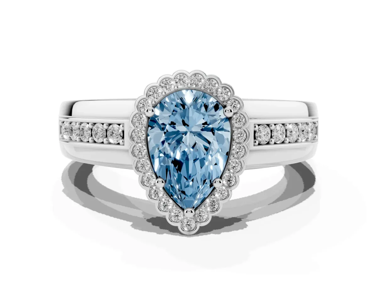 Fancy Blue Pear Cut Cut Halo Pave Band Four-Prong Ring Silver
