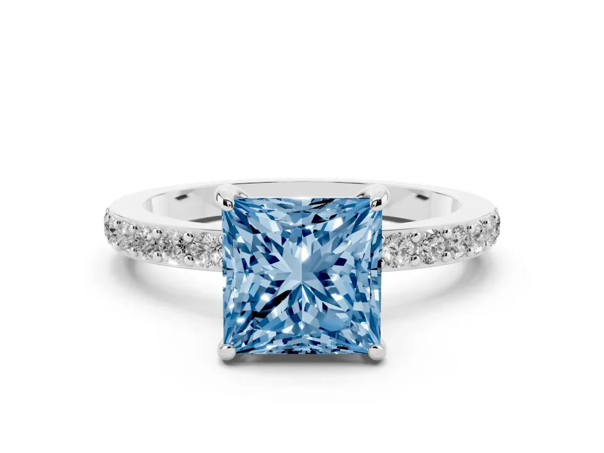 Fancy Blue Princess Cut Diamond Solitaire Engagement Ring with Pavé Band and Four-Prong Setting Silver