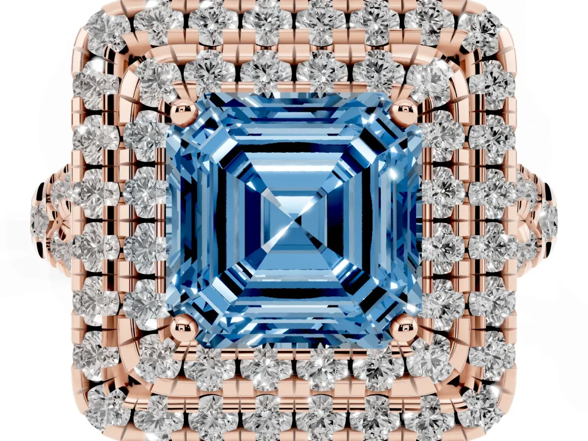 Fancy Blue Double Halo Asscher Cut Diamond Pavé Split Shank Ring with Prong Setting Rose gold