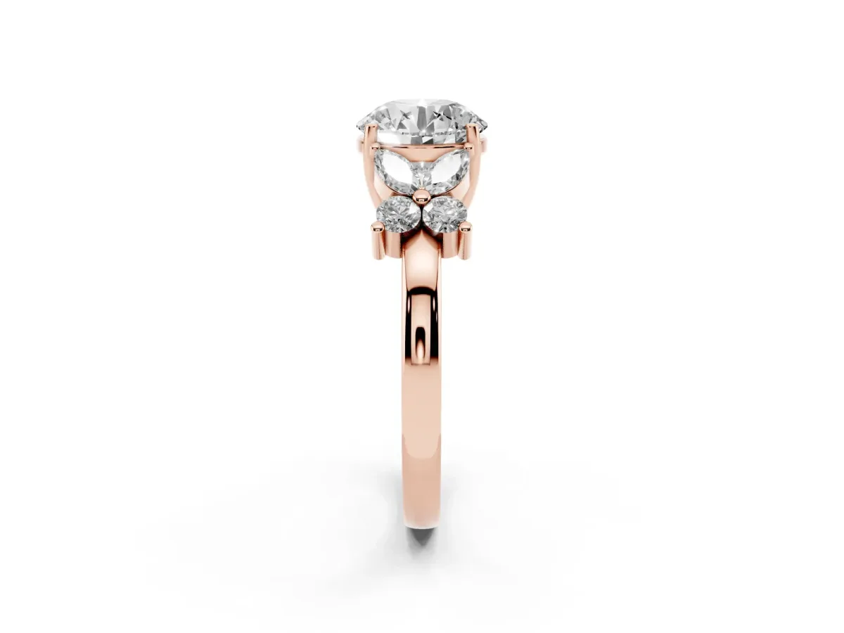Round Cut Diamond Floral Cluster Ring with Solitaire Band and Prong Setting Rose gold