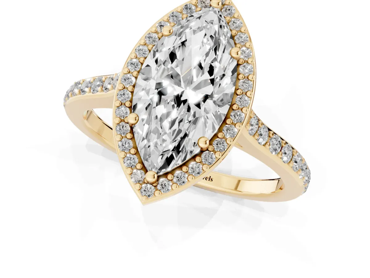 Marquise Cut Diamond Halo Engagement Ring with Round Pavé Shoulders and Prong Setting Yellow gold