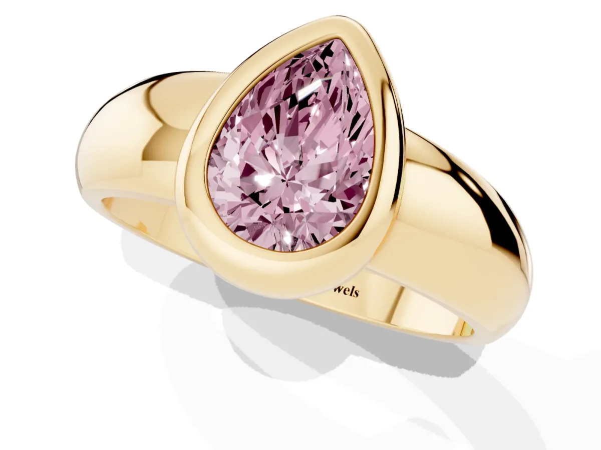 Fancy Pink Bezel Set Pear Cut Solitaire Ring with Wide Band Yellow gold