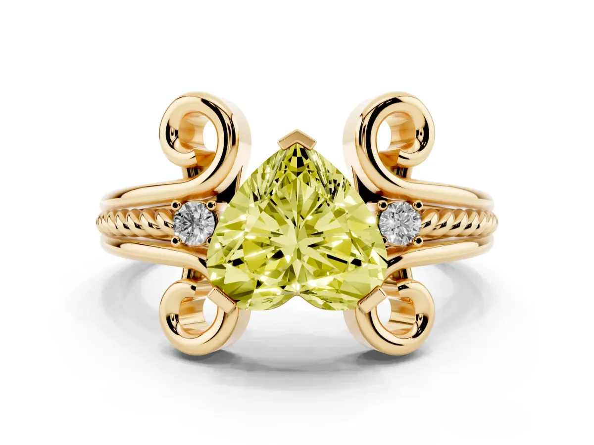 Fancy Yellow Heart Cut Solitaire Twisted Band Scroll Prong Ring Yellow gold