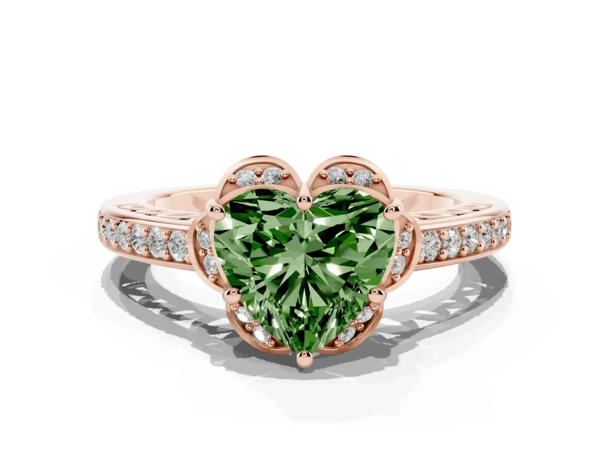 Fancy Green Heart Cut Cut Halo Diamond Ring with Channel Set Band and Four-Prong Setting Rose gold