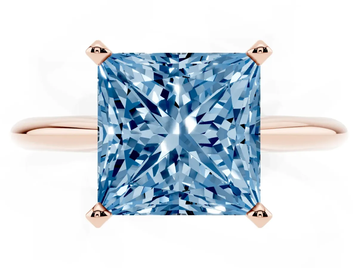 Fancy Blue Princess Cut Cut Solitaire Ring with Four-Prong Setting on a Classic Band Rose gold