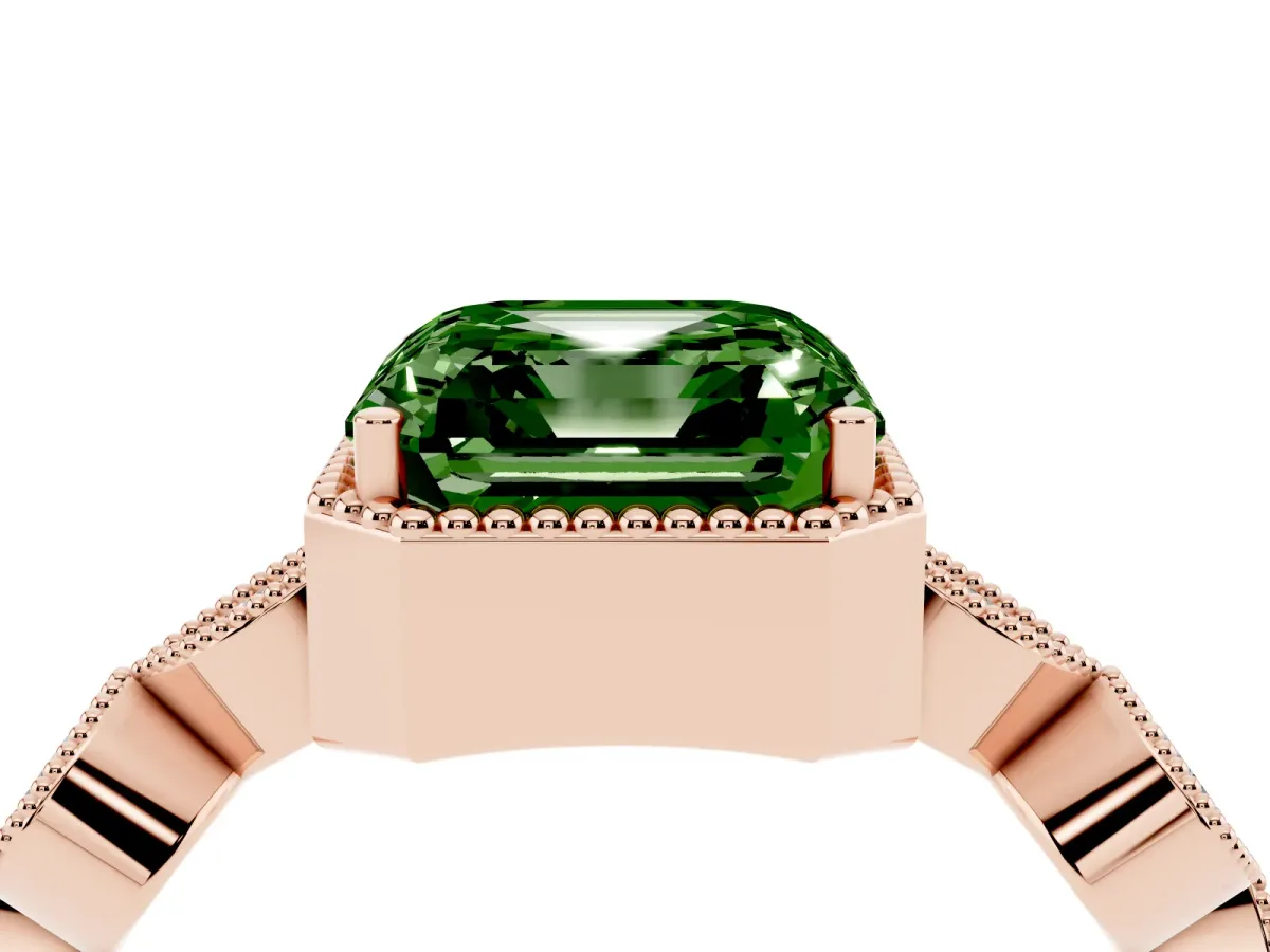 Fancy Green Asscher Cut Diamond Vintage Milgrain Ring with Round Stations Rose gold