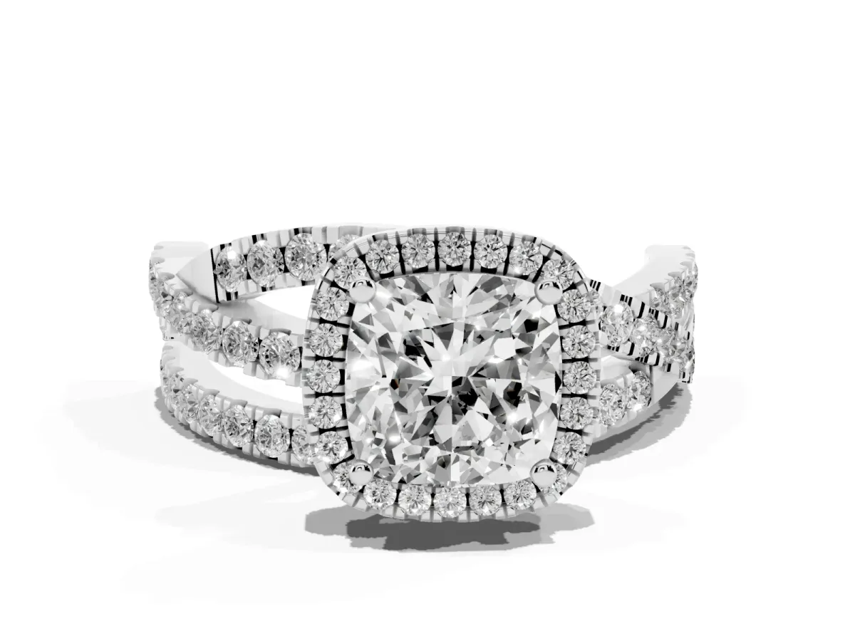 Cushion Cut Diamond Halo Ring with Round Split Shank and Prong Setting Platinum
