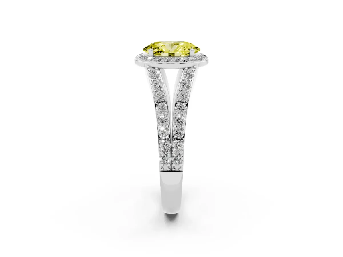 Fancy Yellow Oval Cut Diamond Split Shank Halo Ring with Four-Prong Setting Silver