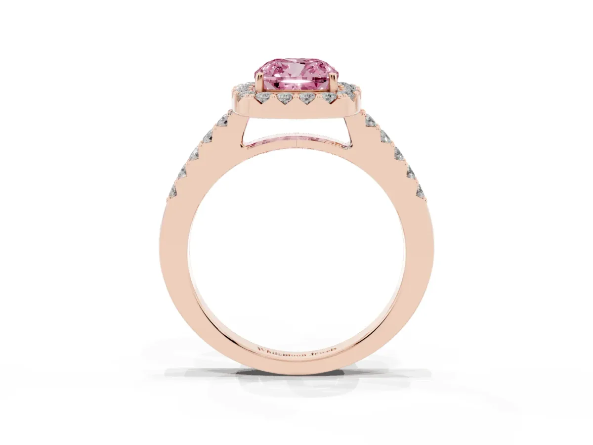 Fancy Pink Cushion Cut Halo Diamond Pavé Solitaire Ring Rose gold