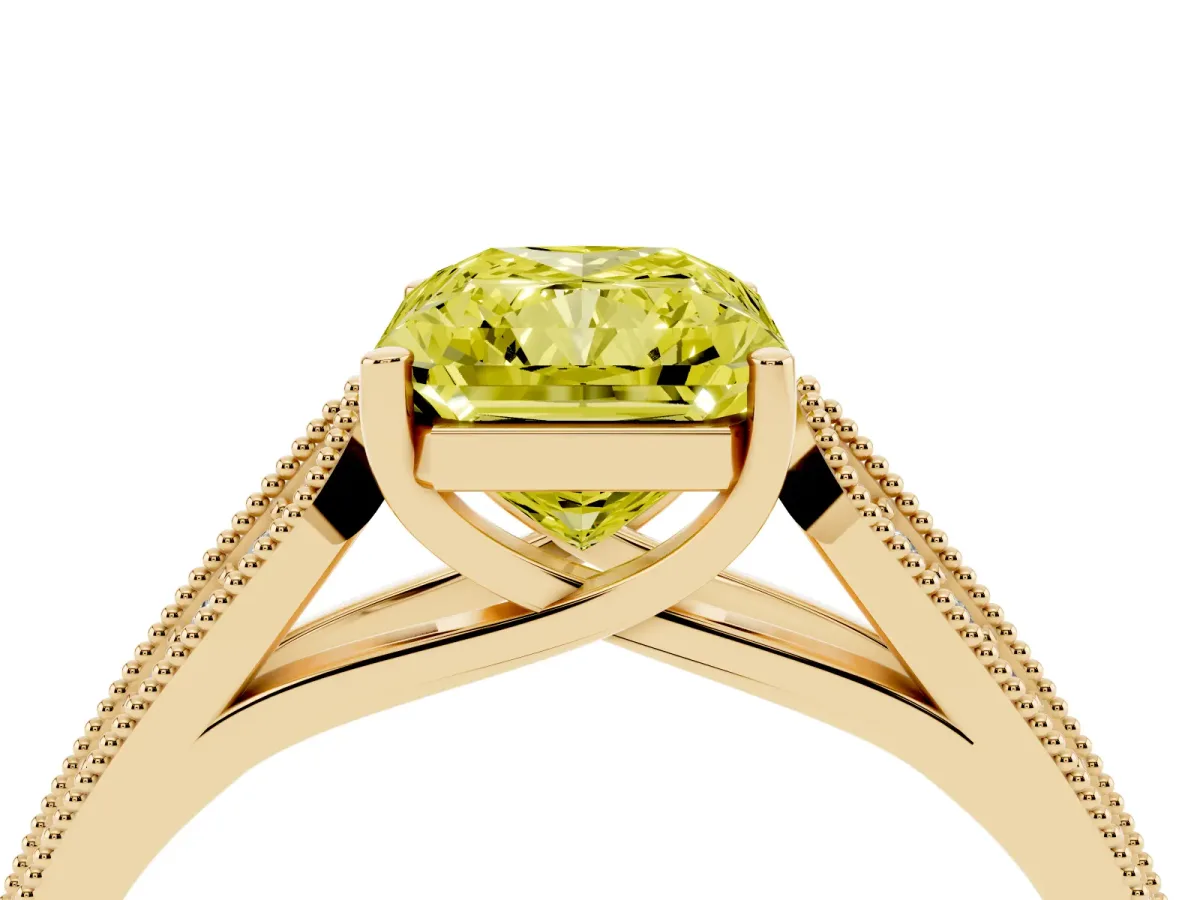 Fancy Yellow Radiant Cut Cut Pave Split Shank Engagement Ring with Four-Prong Setting Yellow gold