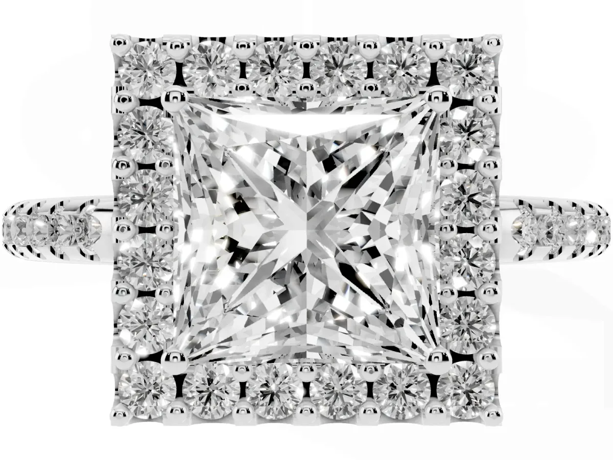 Princess Cut Diamond Pavé Halo Ring with Four-Prong Setting Silver