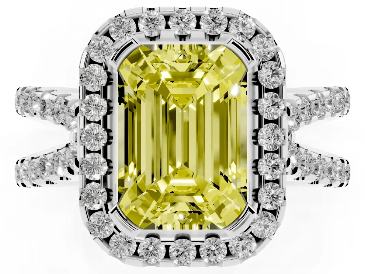 Fancy Yellow Emerald Cut Diamond Halo Ring with Split Shank Pavé Band and Prong Setting Silver