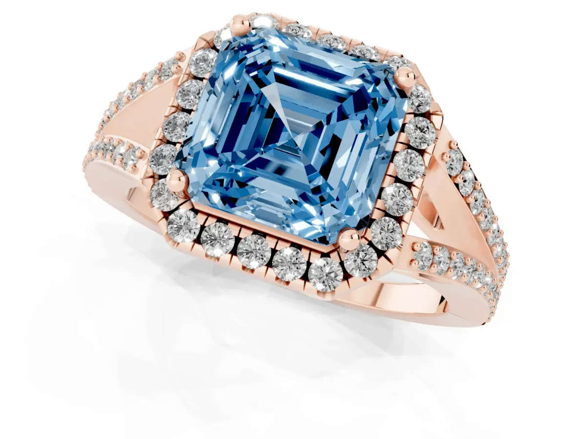Fancy Blue Asscher Cut Halo Split Shank Diamond Ring with Prong Setting Rose gold