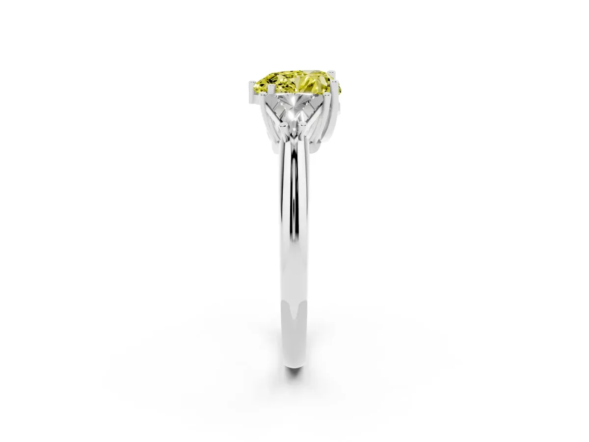 Fancy Yellow Three-Stone Heart Cut Diamond Engagement Ring with Trillion Side Stones and Prong Setting Silver