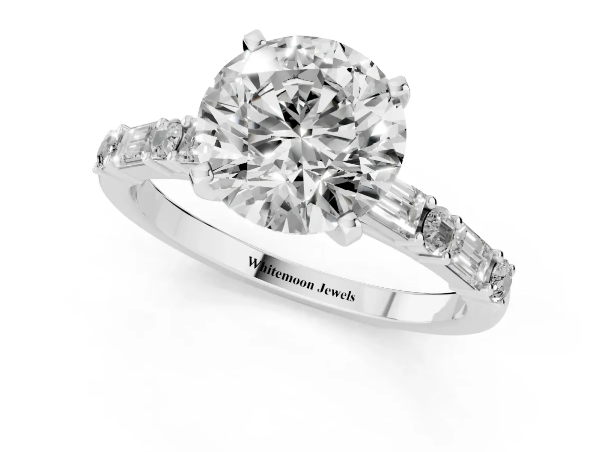 Round Cut Diamond Solitaire with Side Baguettes and Channel Set Band Silver