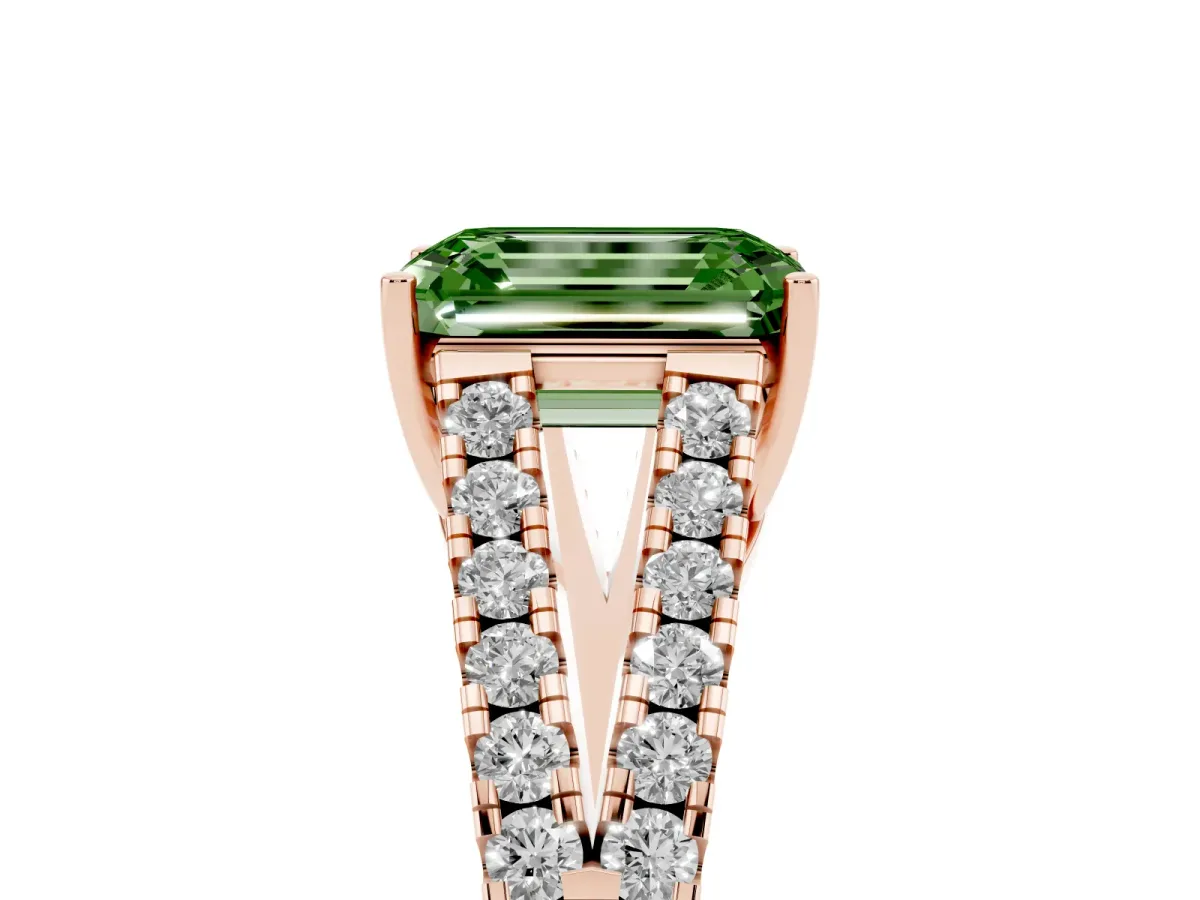 Fancy Green Emerald Cut Diamond Split Shank Pavé Engagement Ring with Four-Prong Setting Rose gold