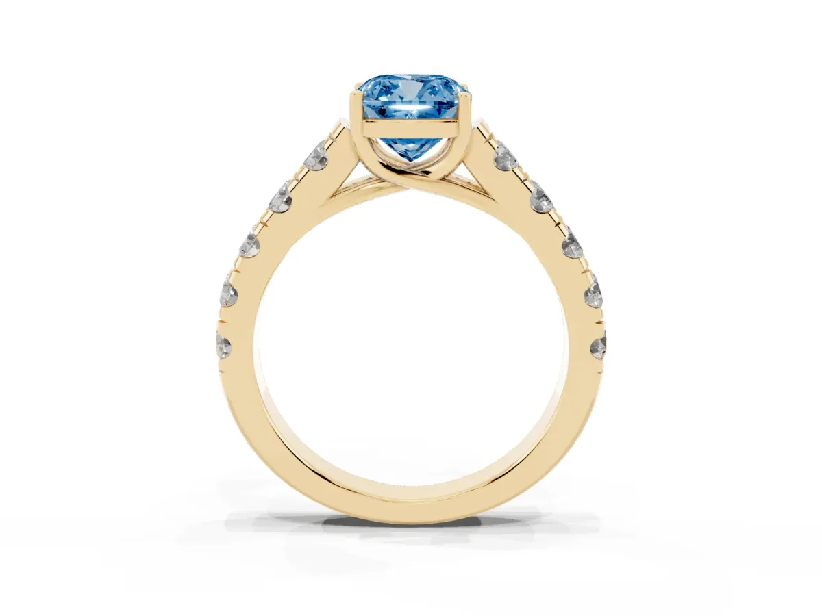 Fancy Blue Cushion Cut Cut Diamond Solitaire Ring with Micro Pave Band and Prong Setting Yellow gold