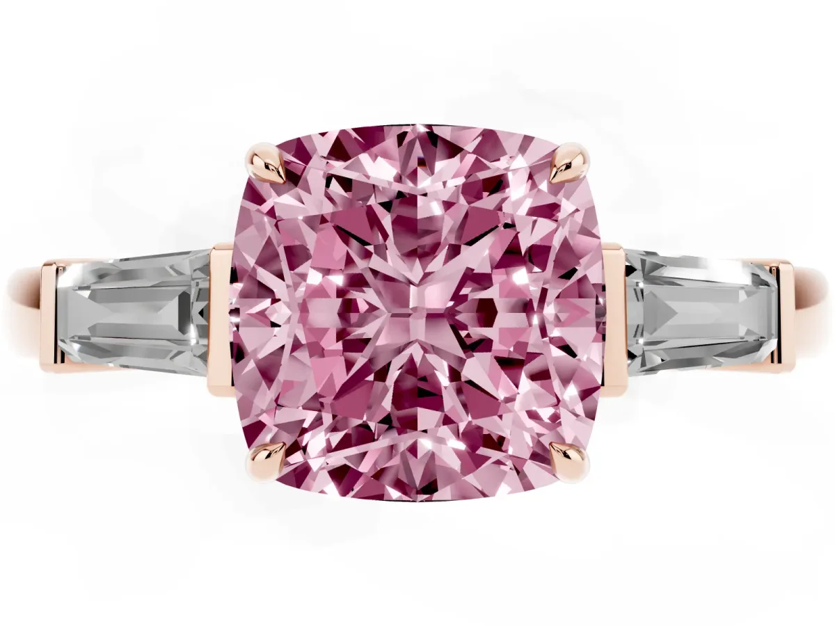 Fancy Pink Cushion Cut Diamond Three-Stone Ring with Tapered Baguette Side Stones and Prong Setting Rose gold