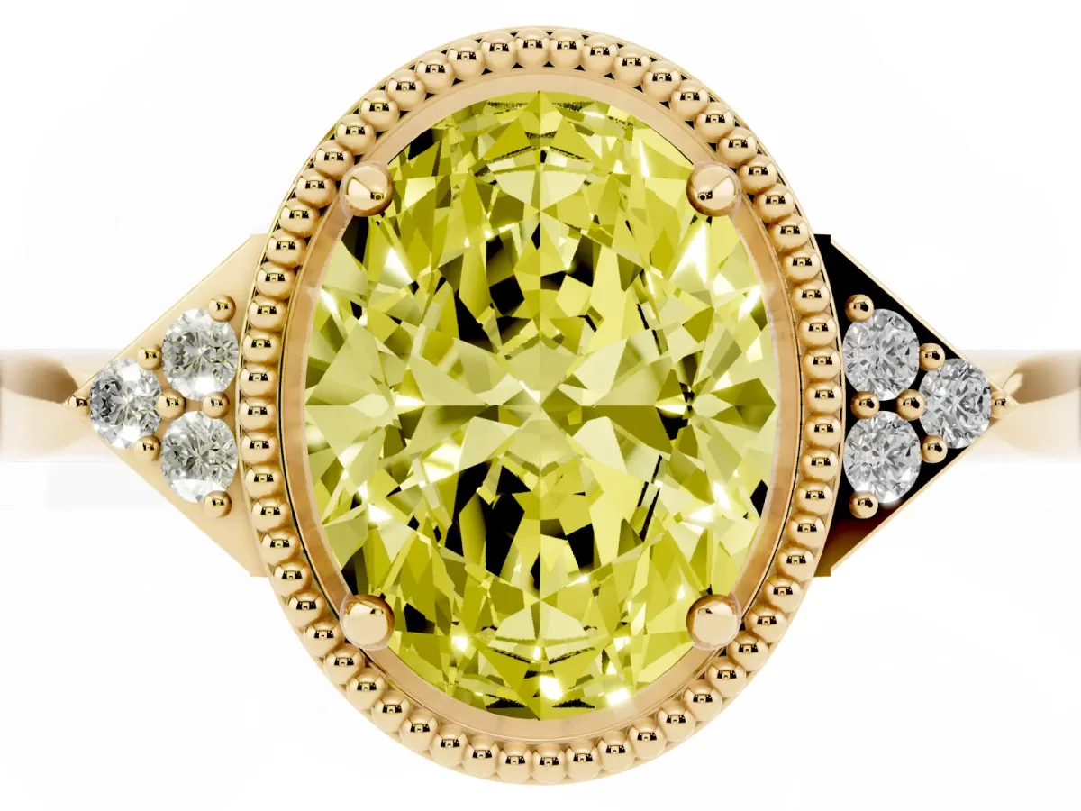 Fancy Yellow Oval Cut Diamond Halo Ring with Tapered Band and Four-Prong Setting Yellow gold