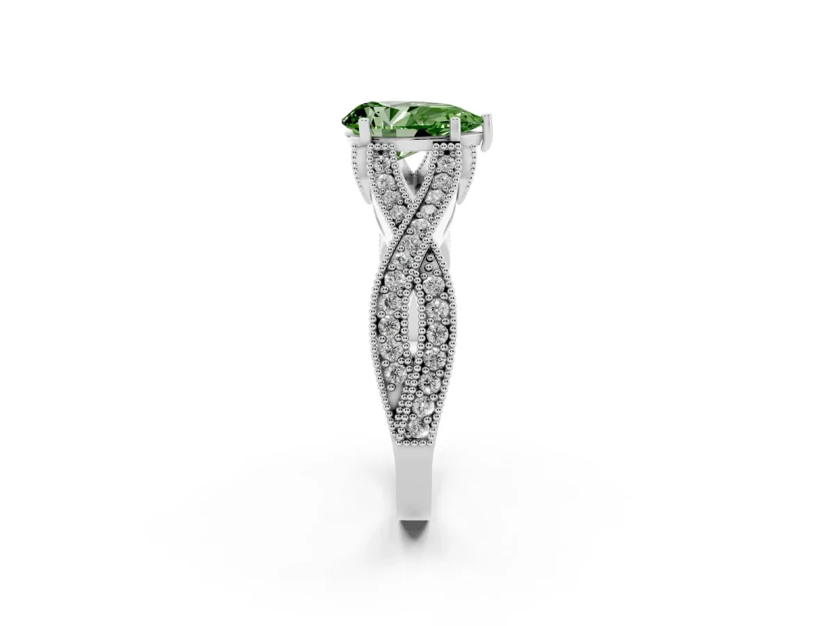 Fancy Green Pear Cut Cut Diamond Twisted Band with Milgrain Pave Setting and Four-Prong Setting Silver