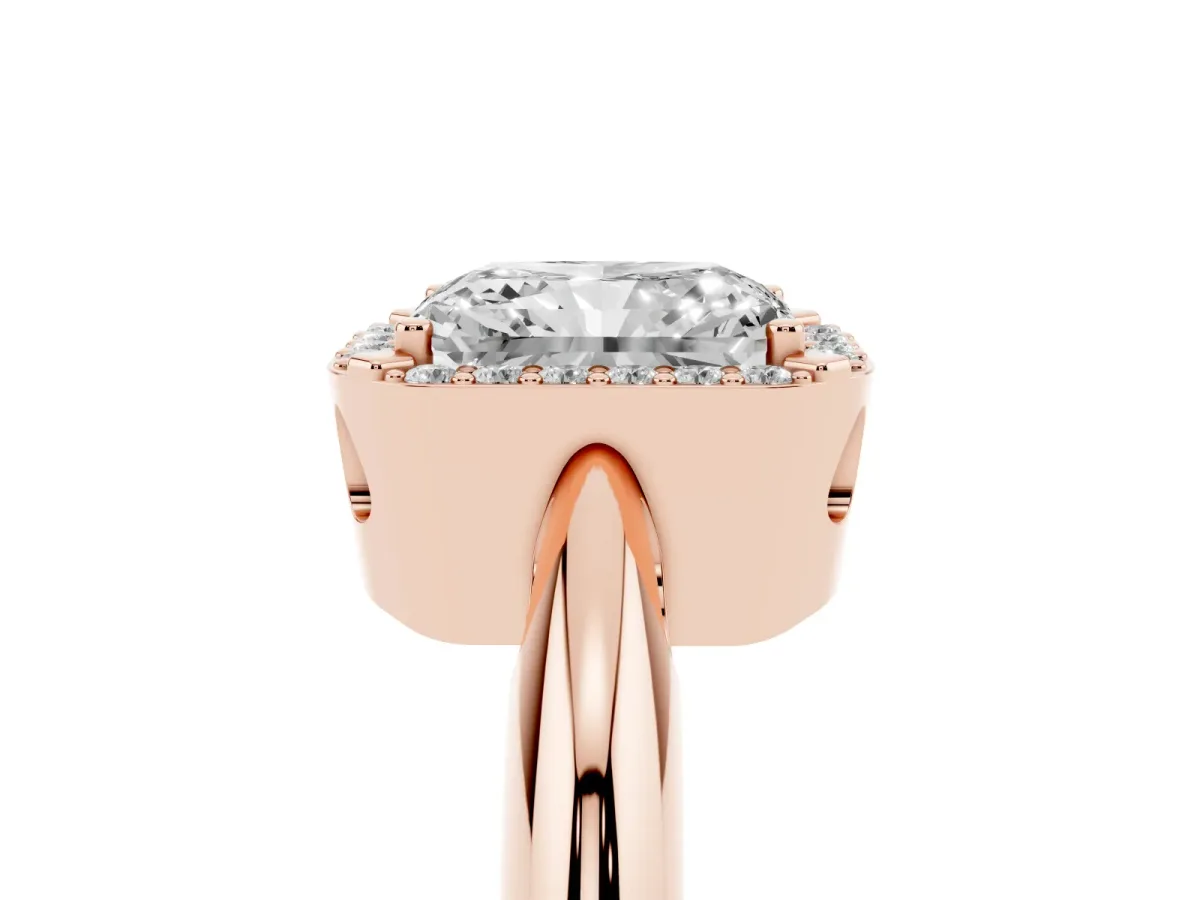 Radiant Cut Cut Diamond Halo Engagement Ring with Split Shank and Four-Prong Setting Rose gold