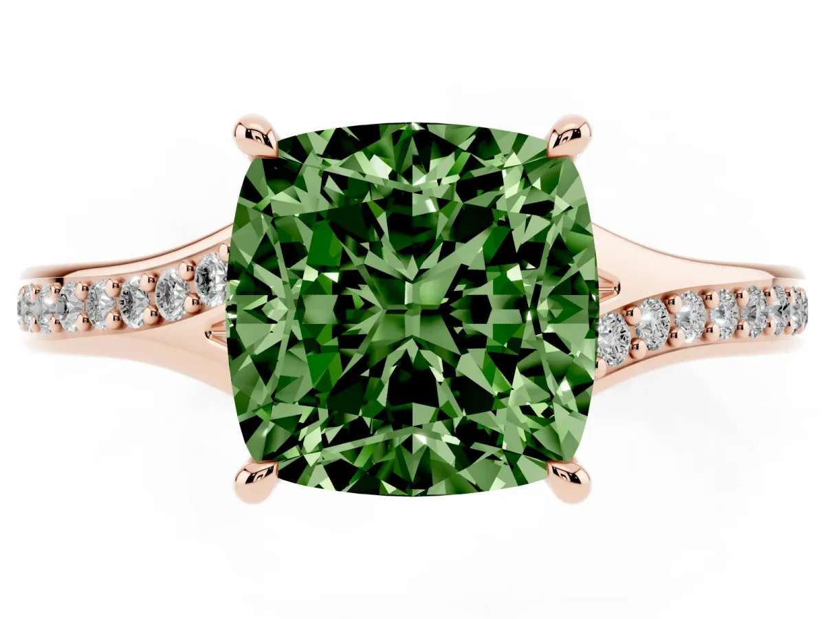 Fancy Green Cushion Cut Diamond Solitaire Ring with Pavé Band and Prong Setting Rose gold