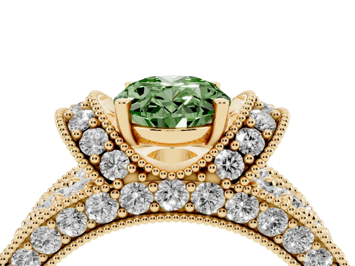 Fancy Green Oval Cut Halo Pave Diamond Engagement Ring with Milgrain Detailing Yellow gold