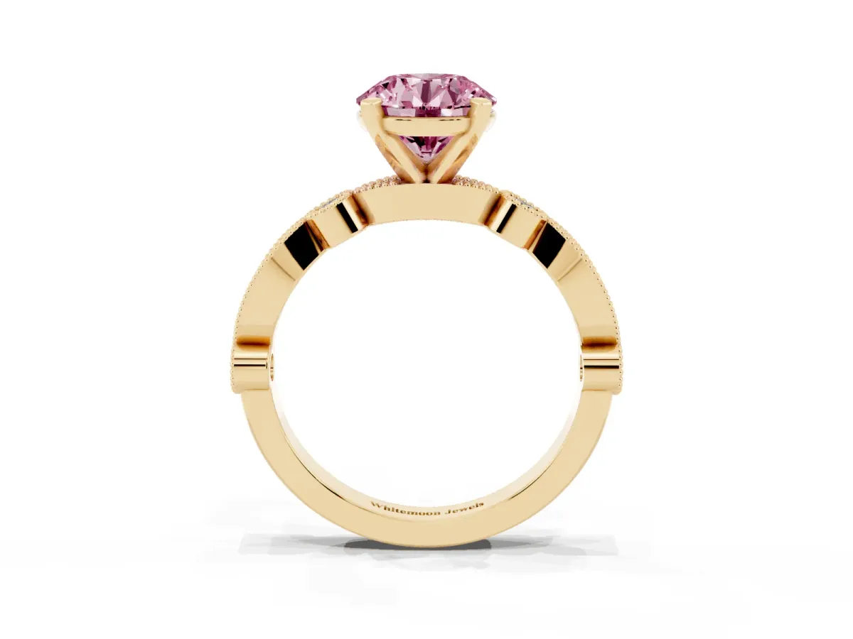Fancy Pink Round Cut Milgrain Bezel Diamond Engagement Ring with Solitaire Prong Setting Yellow gold
